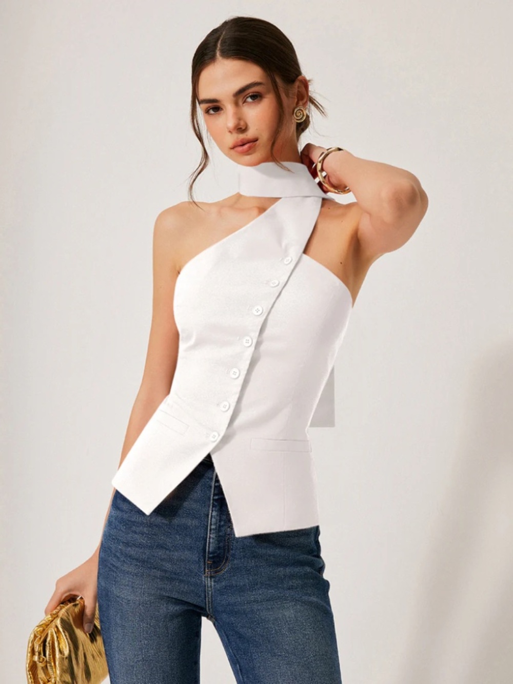 NWT - Cotton & Linen Halter Top With Decor Pockets